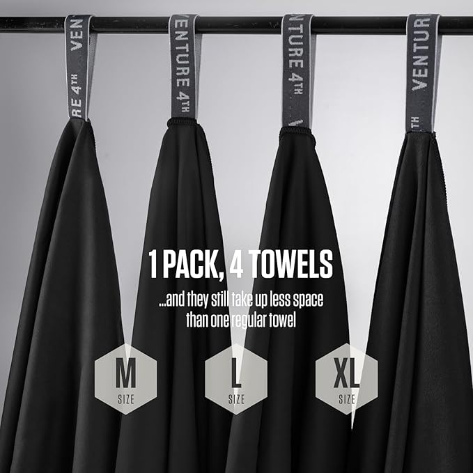 VENTURE 4TH - 4pcs Quick Dry Towels. Microfiber Travel Towels. Lightweight & Fast Drying Travel Towels for Body. Compact & Easy to Pack - 4 Pack Black Large