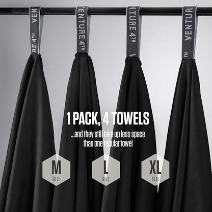 VENTURE 4TH - 4pcs Quick Dry Towels. Microfiber Travel Towels. Lightweight & Fast Drying Travel Towels for Body. Compact & Easy to Pack - 4 Pack Black Medium