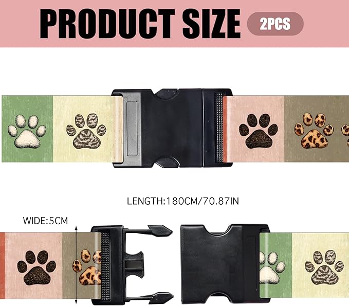Nuxovilar Luggage Straps of 2 Set Colorful Paw Prints Pattern, 1.96x90.5 inches - Luggage Straps for Suitcases, Ideal for Pet Lovers, Travel, Daily Use