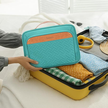 Travel Hanging Toiletry Bag for Women, Large Makeup Bag 8 Leak Proofing Silicone Bottle Covers, Waterproof Cosmetic Bag with Jewelry Organizer Compartment, Toiletries Kit Set, Blue