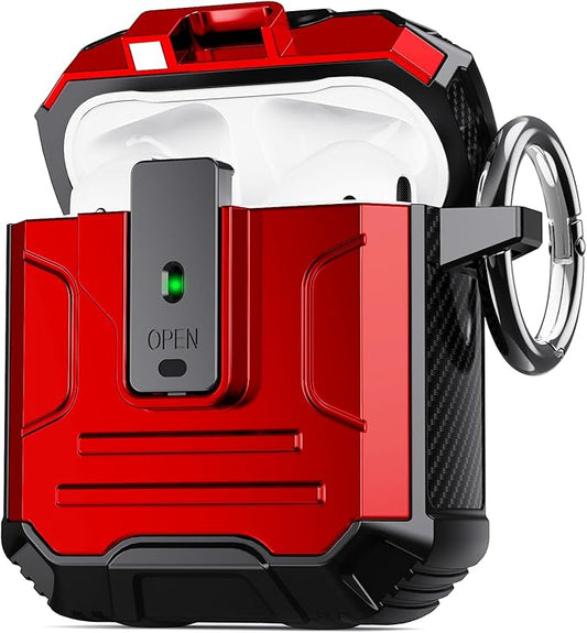 DASFOND Armor Cover AirPods 2nd & 1st Generation Case, Military Grade Full Body Shockproof Protection Hard Case, Support Wireless Charging with Keychain, Magnetic Lid, Front LED Visible, Red