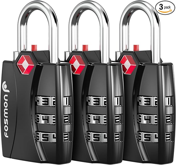 Fosmon TSA Approved Locks for Luggage. Suitcase Locks with Open Alert Indicator, 3 Digit Combination Padlock with Alloy Body for Travel, Backpack Zipper Anti Theft, Locker, Gym, Gun Case, Tent- 3 Pack
