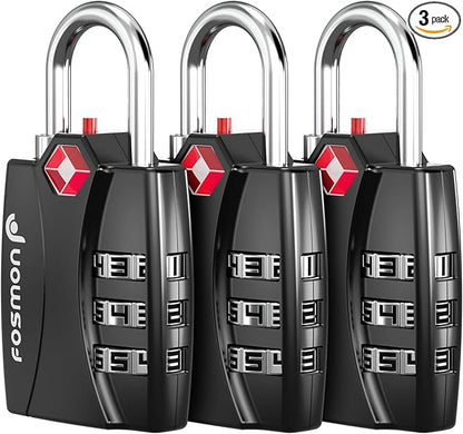Fosmon TSA Approved Locks for Luggage. Suitcase Locks with Open Alert Indicator, 3 Digit Combination Padlock with Alloy Body for Travel, Backpack Zipper Anti Theft, Locker, Gym, Gun Case, Tent- 3 Pack