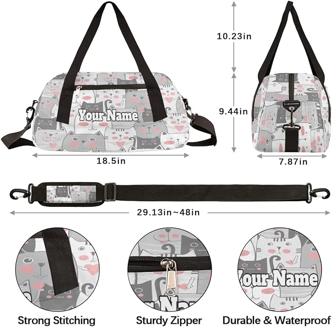 Custom Your Name Lovely Grey Cats Heart Personalized Text Gym Duffle Bag for Kids,Sports Bag for Teens Boys & Girls Small Waterproof Overnight Weekender Carry Practice Travel Bag