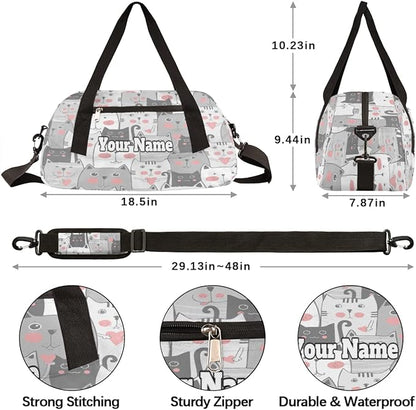 Custom Your Name Lovely Grey Cats Heart Personalized Text Gym Duffle Bag for Kids,Sports Bag for Teens Boys & Girls Small Waterproof Overnight Weekender Carry Practice Travel Bag