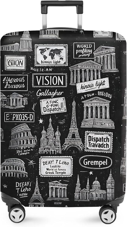 ANNA QUEEN Landmarks Travel Luggage Cover, Black & White City Monuments Design, Stretchable, Washable Suitcase Protector for 20-34 Inch Luggage