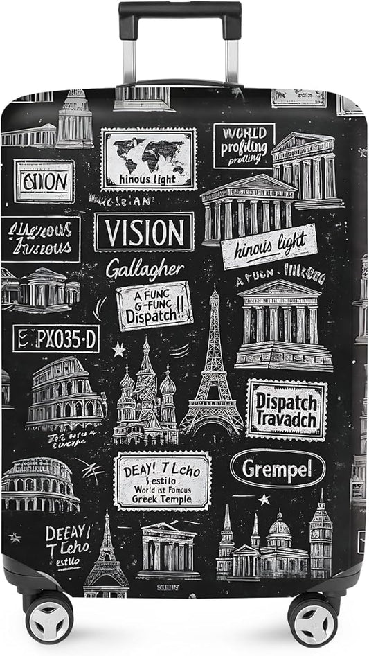 ANNA QUEEN Landmarks Travel Luggage Cover, Black & White City Monuments Design, Stretchable, Washable Suitcase Protector for 20-34 Inch Luggage