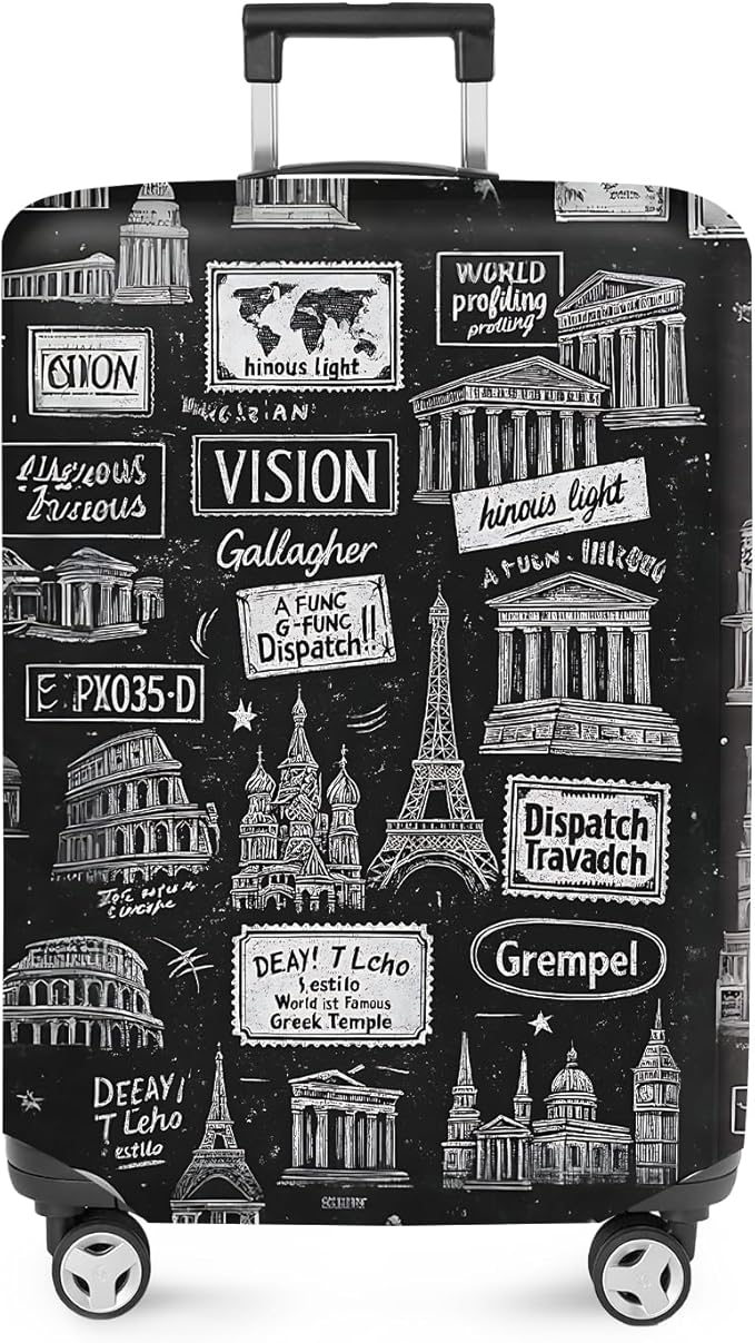 ANNA QUEEN Landmarks Travel Luggage Cover, Black & White City Monuments Design, Stretchable, Washable Suitcase Protector for 20-34 Inch Luggage