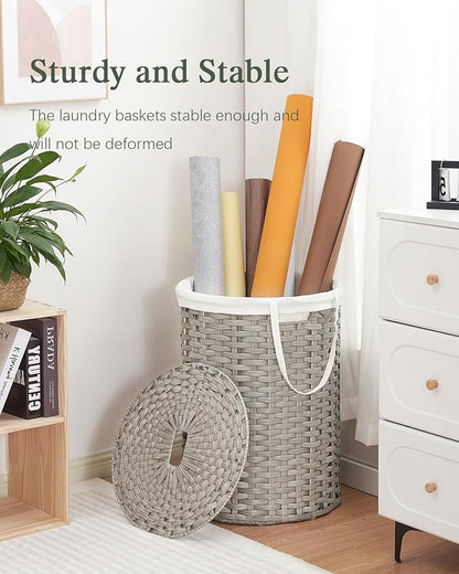 Laundry Basket with Lid Round Rattan Laundry Hamper with Lid and Handles 29.1 Gal (110 L) Handwoven Woven Basket with Removable Bags and 2 Mesh Bags for Bathroom Living Room Gray