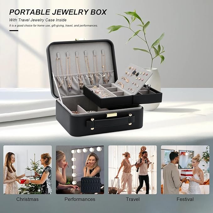 Travel Jewelry Box Jewelry Storage Case Jewelry Suitcase for Women and Men 2 Layer Jewelry Organizer Box with Removable Tray (Black)