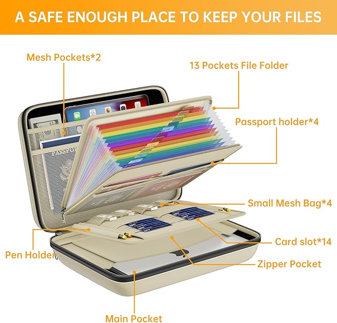 DocSafe Fireproof File Organizer with Lock, Hard-Shell Case Fireproof Document Box with 13 Pocket Accordion File Folder, Portable Home Office Travel Safe Storage for Important Documents Laptop Beige