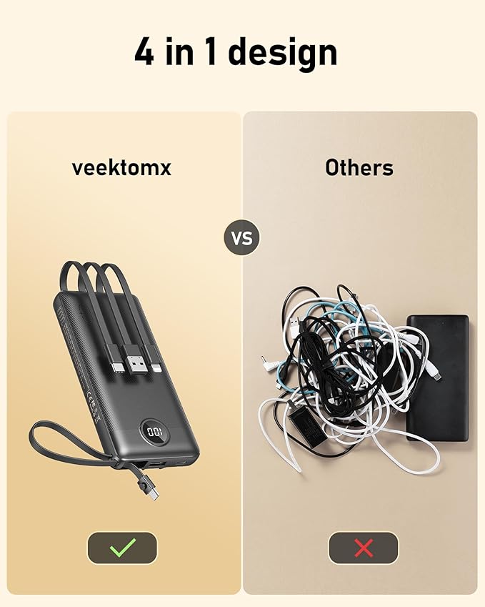 VEEKTOMX Portable Charger Built-in Cables,10000mAh Power Bank for iPhone,Fast Charge USB C Battery Pack Travel Essentials Powerbank Compatible with iPhone 17/16/15/14, Samsung S25/24, Android, etc