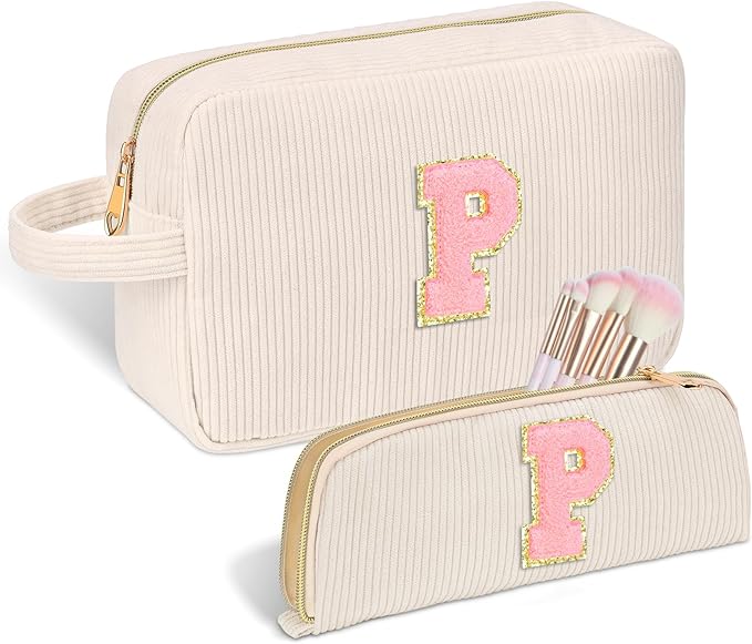 Personalized Initial Makeup Bag Trendy Stuff Corduroy Cosmetic Bag Travel Toiletry Bag, Christmas/Thanksgiving/Halloween Gifts Makeup Organizer Case for Women Girls Mom Girlfriend Wife - White