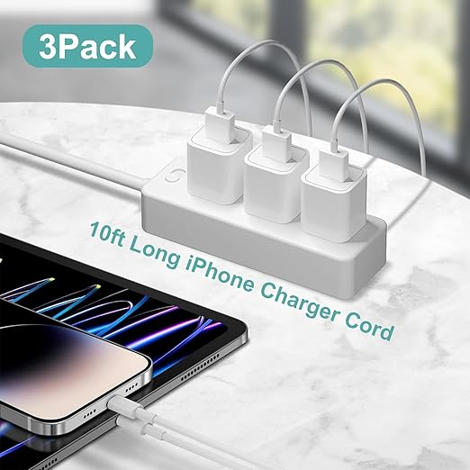 iPhone Charger,[Apple MFi Certified]3 Pack 10ft iPhone Charger Data Sync Transfer Lightning Cable with Travel USB Wall Charger Block Compatible with iPhone 14/13/12/11 Pro/SE/XS/X/XR/8/7/iPad/AirPods