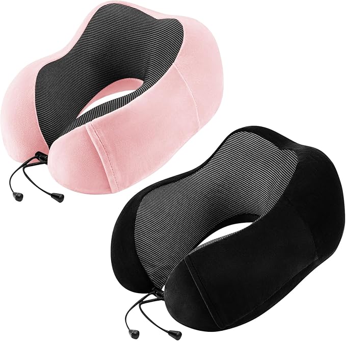 Neck Pillow Airplane-2 Pack Memory Foam Travel Pillow, Soft Support Travel Neck Pillow for Travelling, Sleeping Rest, Car, Train and Home Use (Black&Pink)