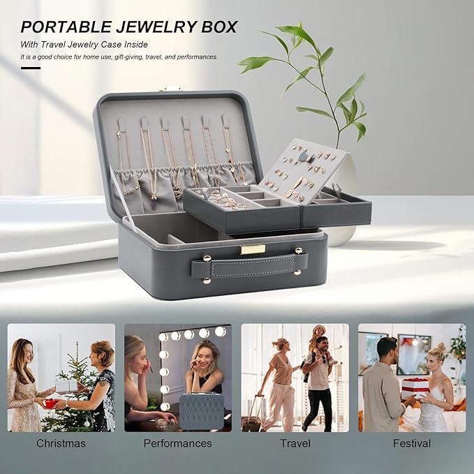 Travel Jewelry Case Large Jewelry Box Jewelry Travel Organizer Jewelry Case with Handle Removable Tray Best Gift for Women Girls (Grey)