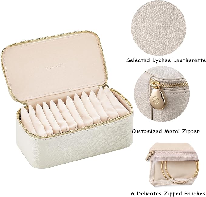 Vlando Travel Jewelry Box Organizer - 12 Small Velvet Zipped Pouches Pockets for Jewelries Necklaces Rings Earrings Sorting Storage, Offwhite