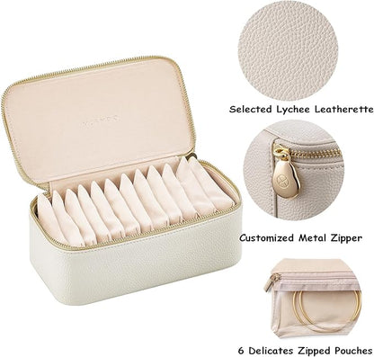 Vlando Travel Jewelry Box Organizer - 12 Small Velvet Zipped Pouches Pockets for Jewelries Necklaces Rings Earrings Sorting Storage, Offwhite