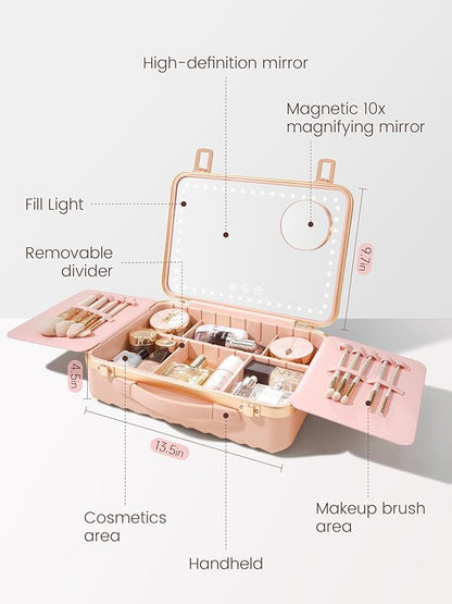 ROWNYEON Travel Makeup Case with Light-Up Mirror & Removable Divider - Portable Train Case Organizer for Girls, Makeup Artist & Hairstylist - 10x Mirror (Pink)