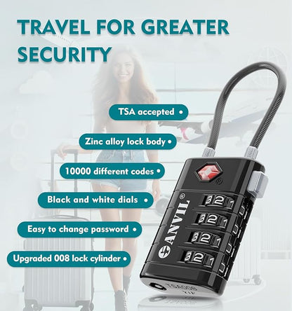 ANVIL 4 Digit Luggage Locks, TSA Locks for Luggage, Advanced TSA008 core, Alert Indicator for Your Travel Lock, Suitcase Lock. (4, Black)