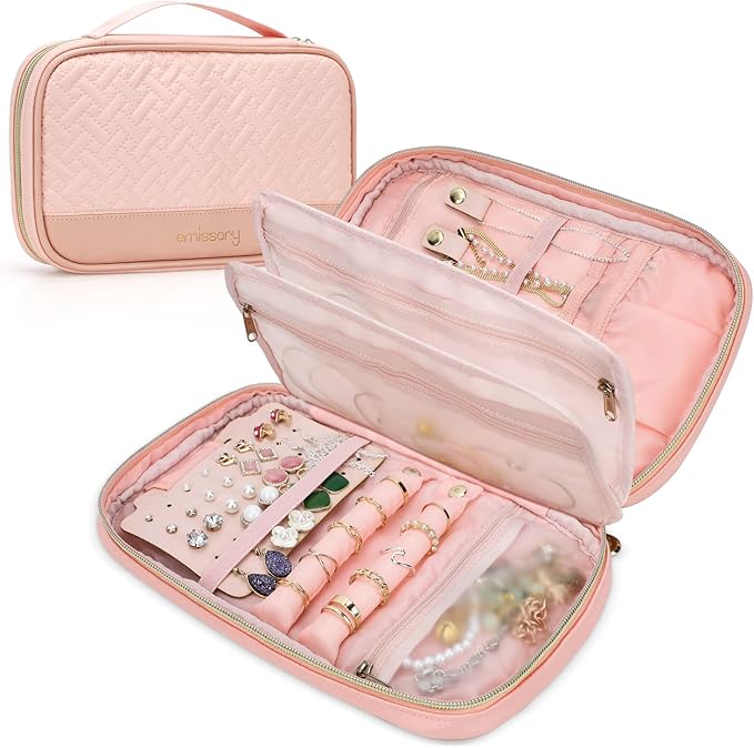 emissary Jewelry Organizer Case Travel Jewelry Storage Bag for Necklace, Earrings, Rings, Bracelet, Valentines Day Gifts, Earring Storage, Necklace Storage, Pouch Bag Accessories for Travel (Pink)