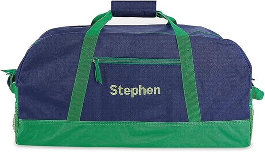 Lillian Vernon Navy and Green Personalized Medium Duffel Bag for Kids - Sports and Activities, Luggage, 11" x 12" x 23"W