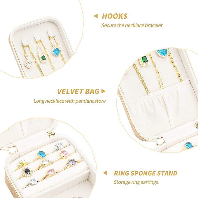 Small Travel Jewelry Organizers Box for women with PU Leather Portable Mini Jewelry Case with compartments for Necklace Rings Earrings,Luxury Giftable boxes. (Champagne, M)