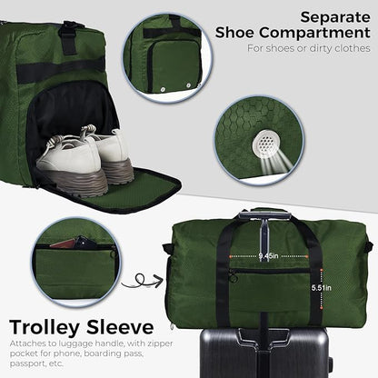 Fmeida 65L Duffle Bag with Shoes Compartment, Foldable Travel Duffel Bags for Men Women, Large Packable Travel Bag Water Repellent & Tear Resistant (Green)