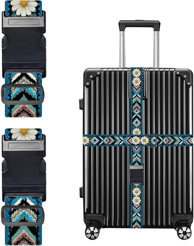 Nuxovilar Luggage Straps of 2 Set Ethnic Style & Daisies Pattern, 1.96x90.5 inches - Luggage Straps for Suitcases, Great for Cultural Trips, Outdoor Events, Daily Travel