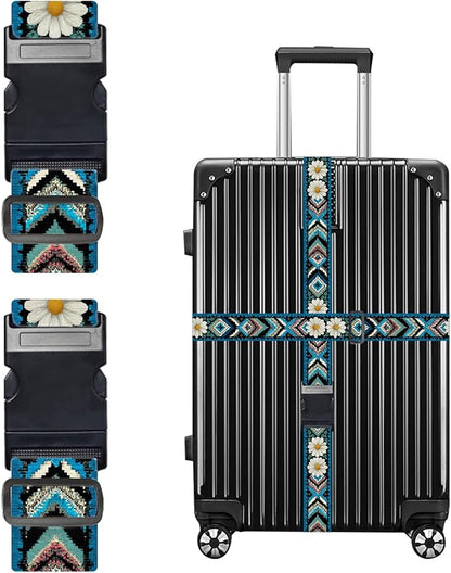Nuxovilar Luggage Straps of 2 Set Ethnic Style & Daisies Pattern, 1.96x90.5 inches - Luggage Straps for Suitcases, Great for Cultural Trips, Outdoor Events, Daily Travel