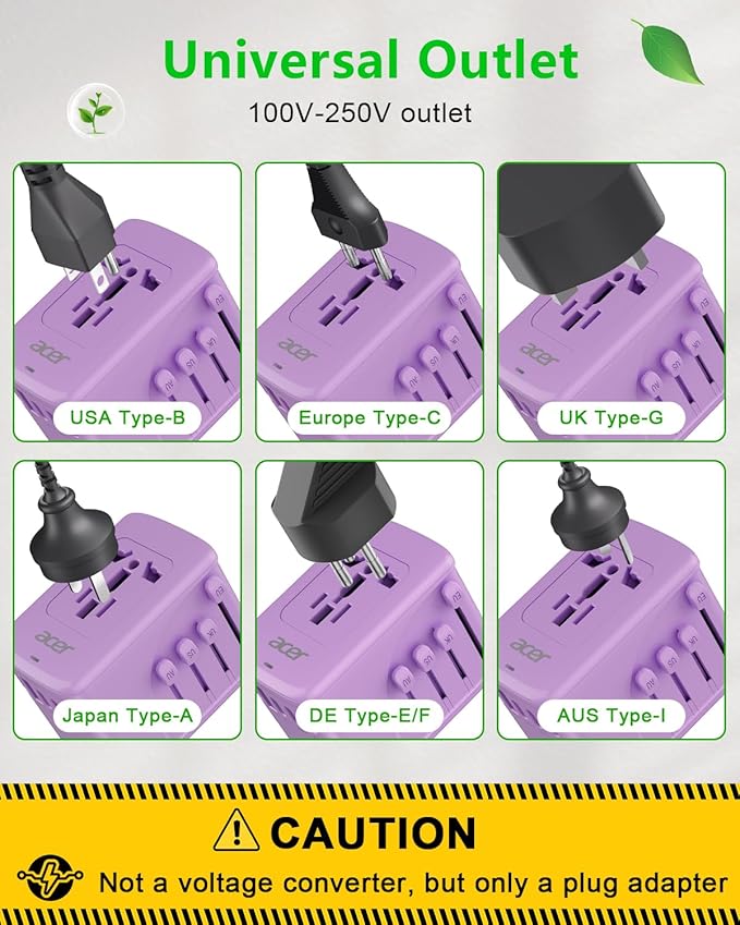 Acer Universal Travel Plug Adapter - International Power Adapter with 5 USB Ports (3 USB C) 5.8A, Worldwide Outlet Charger for USA to European UK France Germany Spain, Type C/E/F/G/I/L/A, Purple