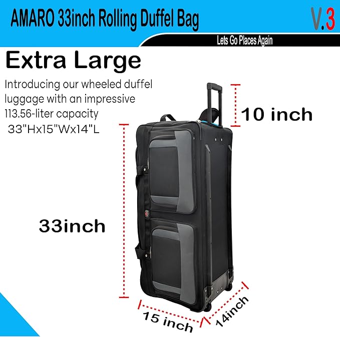 33" Rolling Duffle Bag with Wheels and Handle - Multiple Compartments/Compression Straps With Buckles Balck/Gray trim Large