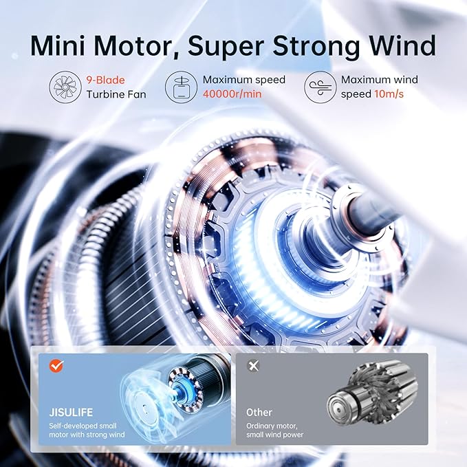 JISULIFE Portable Handheld Fan Life9, Turbo Power High Speed Air [12H Max Cooling Time], 5 Gear Wind, 3600mAh Rechargeable, Mini Pocket Design, Personal Fan for Travel Concerts Camping Makeup - Black