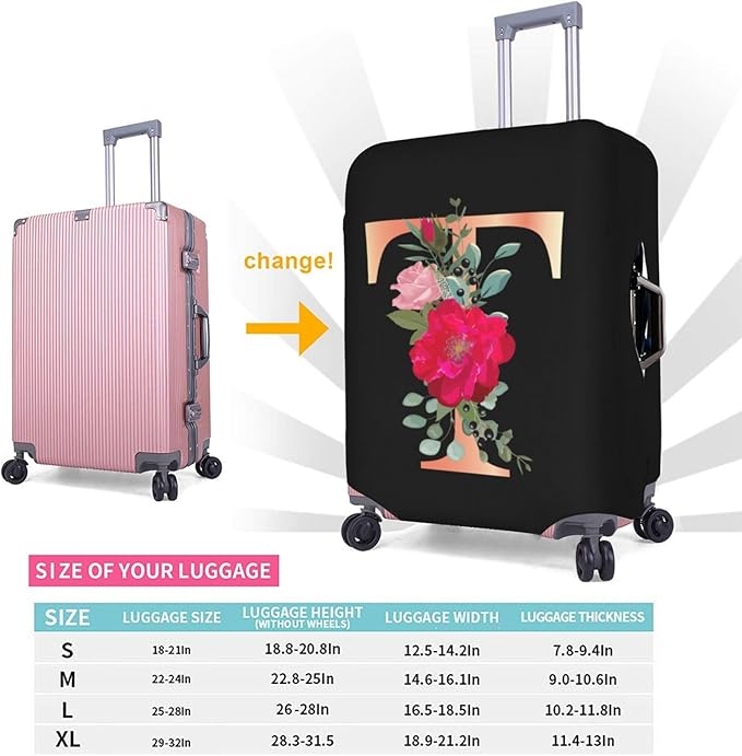 Floral Letter T Travel Luggage Cover Spandex Suitcase Protector Elastic Washable Stretch Suitcase Cover,Size L(Fit 25-28inch Suitcase)