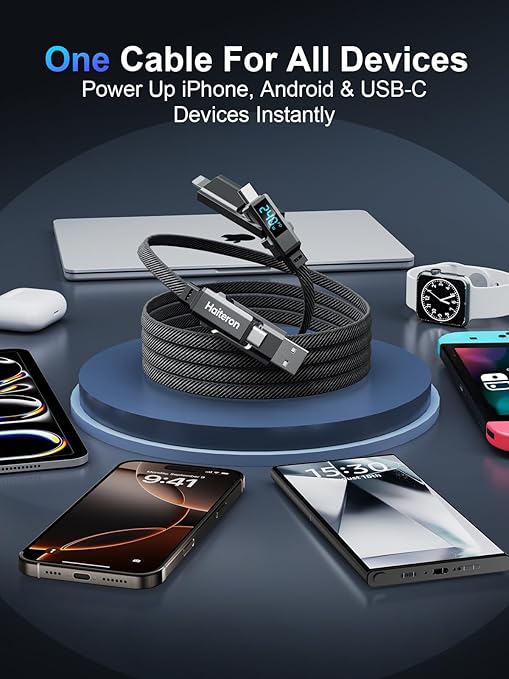 4 in 1 Charging Cable 3FT,240W USB C to USB C Cable Fast Charging Flat Braided iPhone Charger Cord Combo USB A/C to C/L with LED Display, Type C Charging Cord for iPhone 16/15,MacBook,iPad