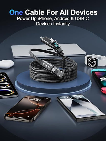 4 in 1 Charging Cable 3FT,240W USB C to USB C Cable Fast Charging Flat Braided iPhone Charger Cord Combo USB A/C to C/L with LED Display, Type C Charging Cord for iPhone 16/15,MacBook,iPad