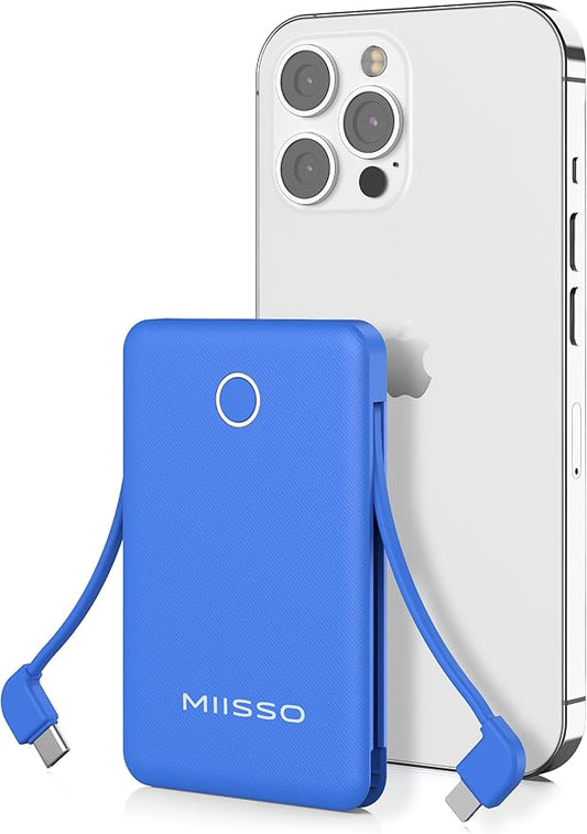miisso 6000mah Ultra Slim Built in Cables Power Bank, Card Size Built in USB C Cords Battery Pack Portable Charger for Phones, 3 Output External Battery Pack Compatible with iPhone, Deep Blue