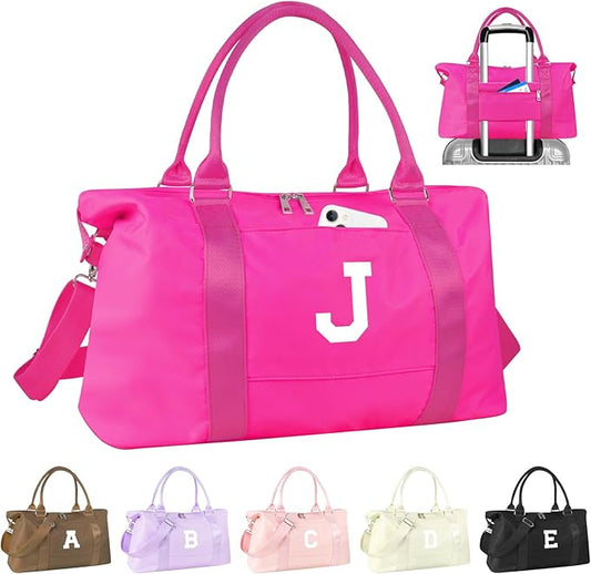 Overnight Bag for Kids Teen Girls Weekender Dance Bag Birthday Graduation Gifts,Initial Travel Duffel Bag Sports Gym Bag Personalized Weekender Bag Carry On Bags Preppy Gifts for Women(Hot Pink, J)