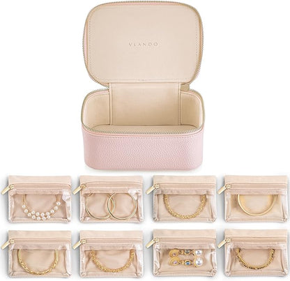 Vlando Jewelry Box with 8 Velvet Jewelry Bags Travel Jewelry Case for Women Girls Jewelry Organizer Necklace Rings Earrings Bags Gift Ideas for Christmas Birthday Bride (Pink)