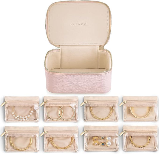 Vlando Jewelry Box with 8 Velvet Jewelry Bags Travel Jewelry Case for Women Girls Jewelry Organizer Necklace Rings Earrings Bags Gift Ideas for Christmas Birthday Bride (Pink)