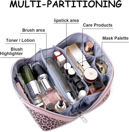 BOYATU Travel Makeup Bag for Women: 3 Pcs Set Portable Make up Bags with Handle - Leopard Print Cosmetic Bags with Comparments - Waterproof Vegan Leather Toiletry Bag (A-1-Pink)