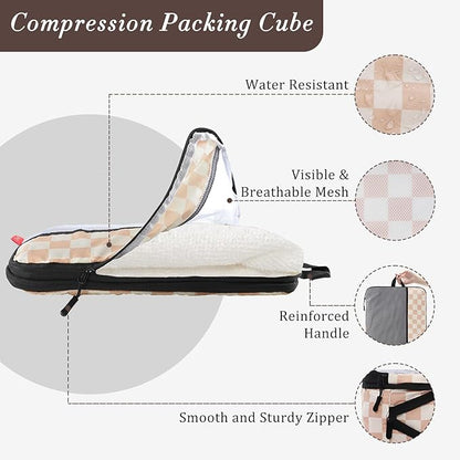 U+U 6 Set Compression Packing Cubes - Ultralight Travel Organizers with Laundry Bag, Space-Saving Suitcase Organizer for Travel, Business Trip and Family Vacation (Khaki Checkered)