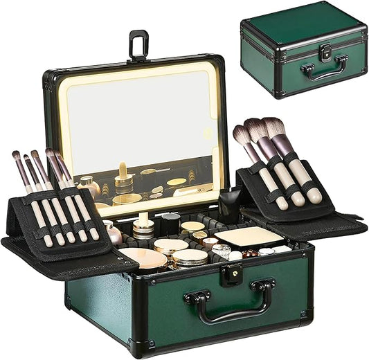 Makeup Case with Lighted Mirror, Makeup Box Organizer with Detachable LED Mirror, Travel Makeup Train Case, Waterproof Cosmetic Organizer, Standing Makeup Brush Holder, Gift, Black Green