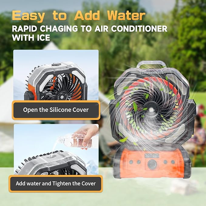 20000mAh Oscillating Camping Fan - Battery Operated Misting Fan with Timer, USB-C, Dual Motor & LED Light for Tent, Beach, Jobsite, Emergency