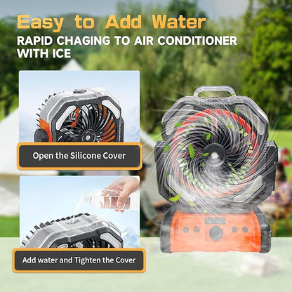 20000mAh Oscillating Camping Fan - Battery Operated Misting Fan with Timer, USB-C, Dual Motor & LED Light for Tent, Beach, Jobsite, Emergency