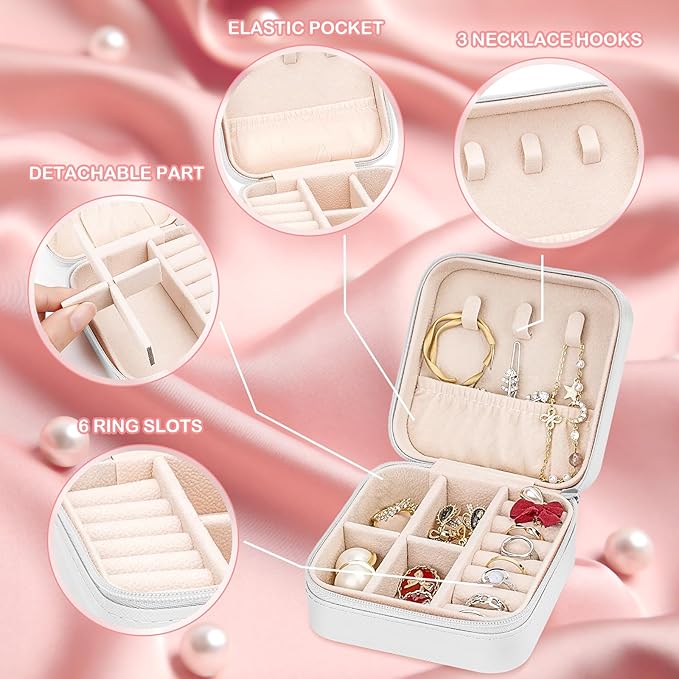 Leezmark 8 Pcs Jewelry Travel Case, Bridesmaid Gifts Set Of 6 & 8, Velvet Portable Jewelry Travel Organizer Small Jewelry Box Bridesmaid Proposal Gifts Box Mini Storage Organizer Storage Box, White
