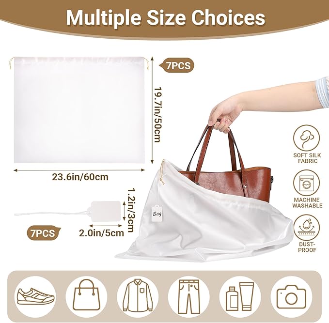 Ewen 7 Pack of 23.6x19.6in Satin Dust Bags for Handbags, White Dustproof Silk Bags with Drawstring for Travel, Purse Bag for Storage, Satin Covers for Shoes and Boots, Closet Organizers and Storage