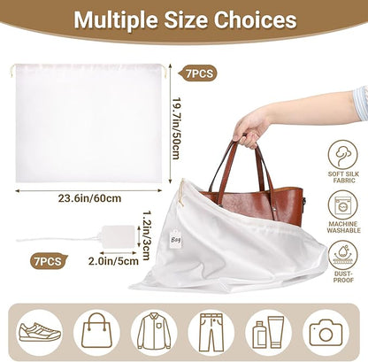 Ewen 7 Pack of 23.6x19.6in Satin Dust Bags for Handbags, White Dustproof Silk Bags with Drawstring for Travel, Purse Bag for Storage, Satin Covers for Shoes and Boots, Closet Organizers and Storage