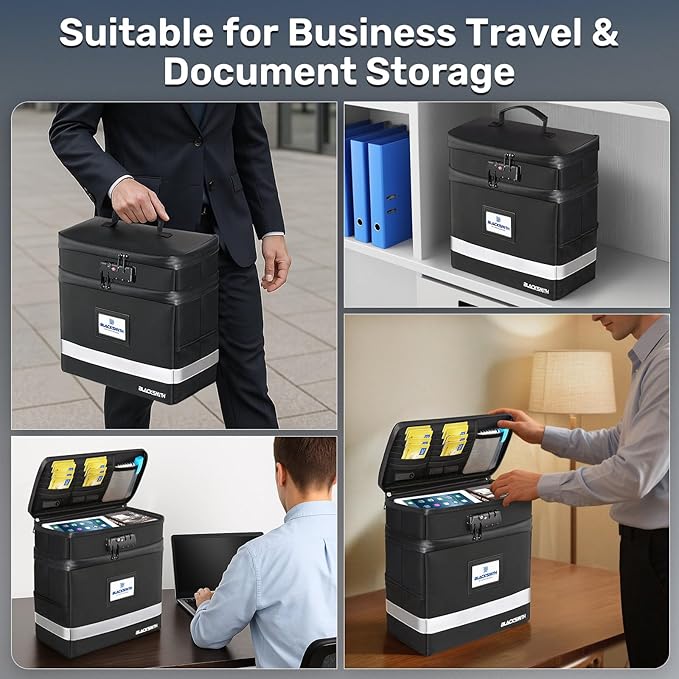 BlackSmith Fireproof Document Box With Lock, 4200°F Heat Resistant & IPX3 Waterproof 2 Layer Document Bag with Hanging File Organizer for Letter Size, Portable File Safe Box for Office, Travel