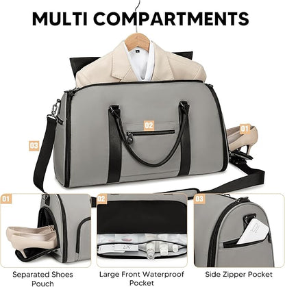 Garment Bag for Airplane Travel, Carry On Garment Duffle Bags for Women, 2 in 1 Travel Suit Bag with Shoes Compartment Carry on Bag Hanging Garment Bag Travel with Shoulder Strap,Grey
